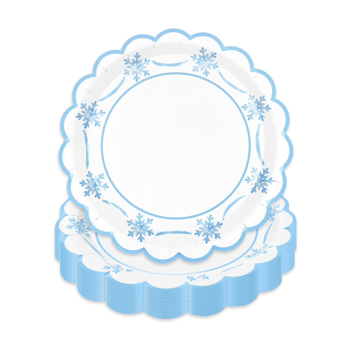 JarThenaAMCS 50 Pcs Winter Paper Plates Christmas Snowflake Scalloped Disposable Plate Blue Decorative Tableware for Xmas Holiday Party Decor Supplies, 9 In