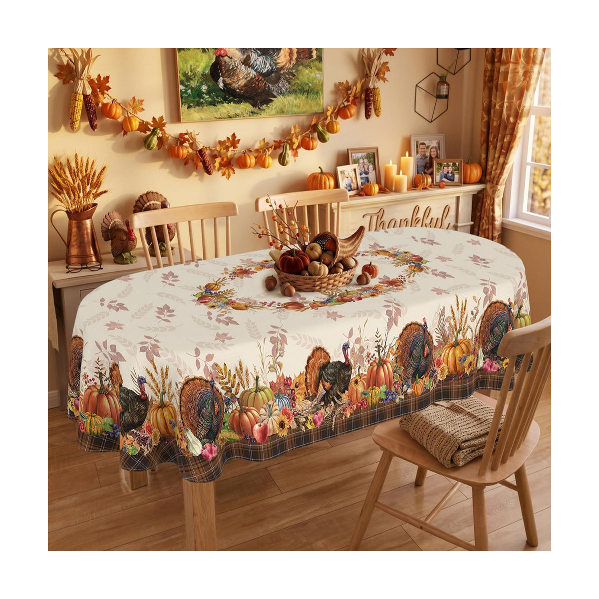 Thanksgiving Tablecloth Oval 52x70 Inch, Stain Resistant Machine Washable Fabric Polyester Turkey Harvest Table Cloth Oval Thanksgiving Tablecloth Table Cover for Kitchen Dining Party