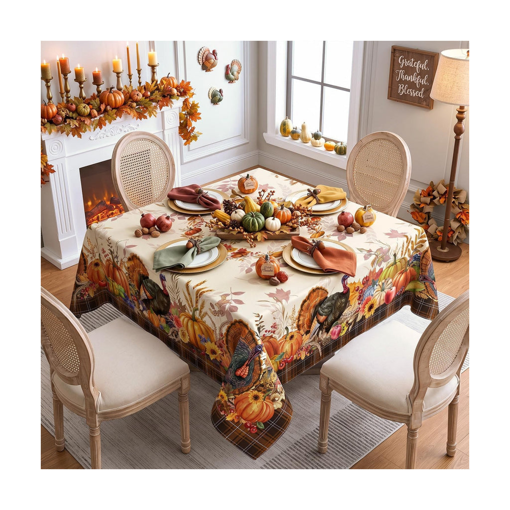 Thanksgiving Tablecloth Square 60x60 Inch, Stain Resistant Machine Washable Fabric Polyester Turkey Harvest Table Cloth Square Thanksgiving Tablecloth Table Cover for Kitchen Dining Party