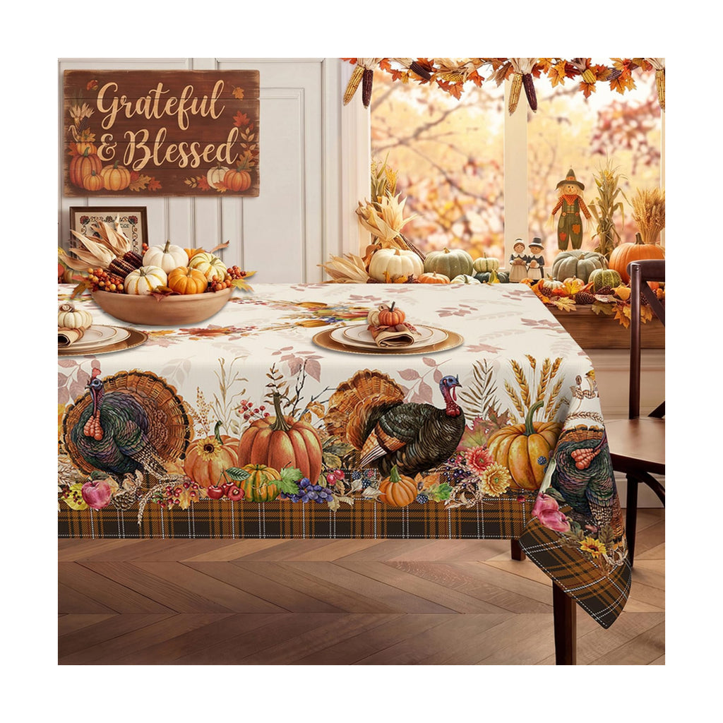 Thanksgiving Plaid Tablecloth Rectangle 60 x 84 Inch, Stain Resistant Machine Washable Fabric Polyester Turkey Harvest Tablecloths Rectangular Thanksgiving Table Cloth Rectangle Table Cover