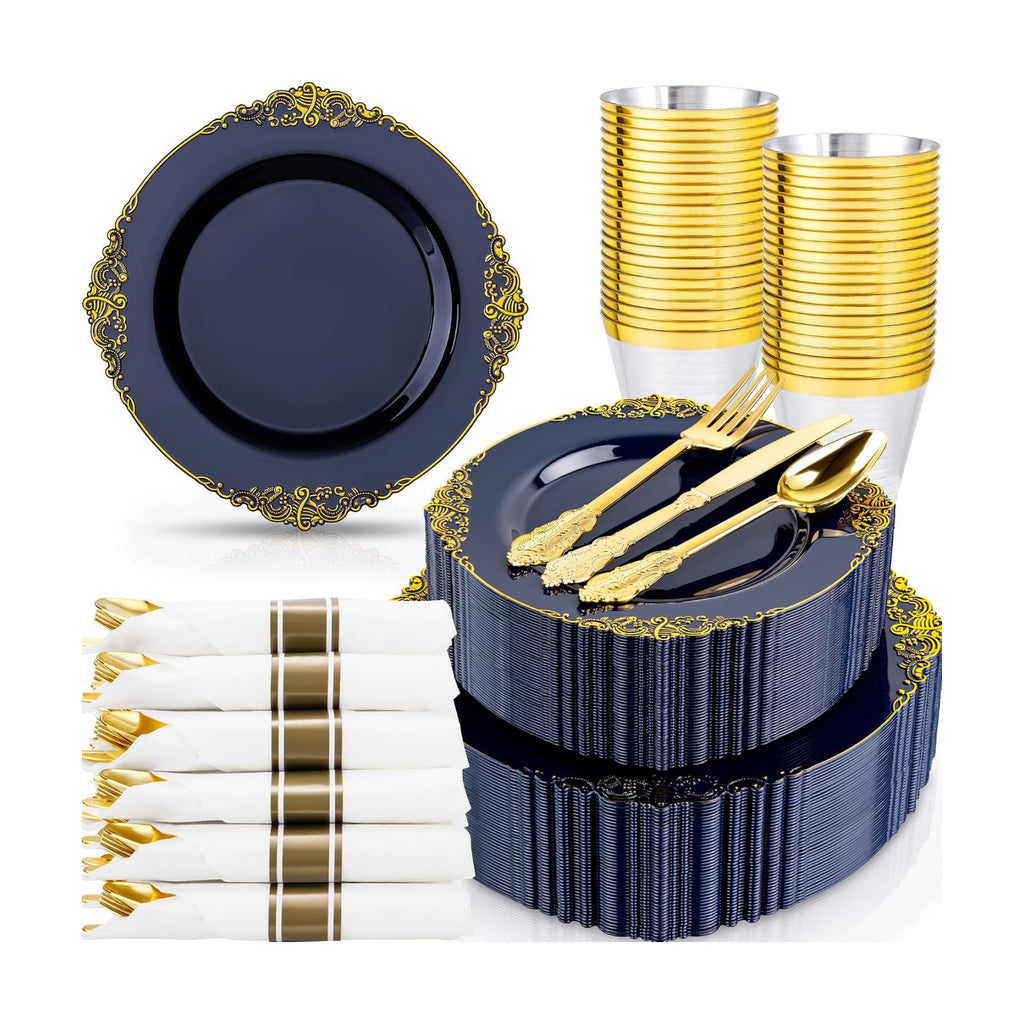 Nervure 350Pcs Blue Plastic Plates, Disposable Dinnerware Set for 50 Guests