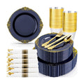 Nervure 350Pcs Blue Plastic Plates, Disposable Dinnerware Set for 50 Guests