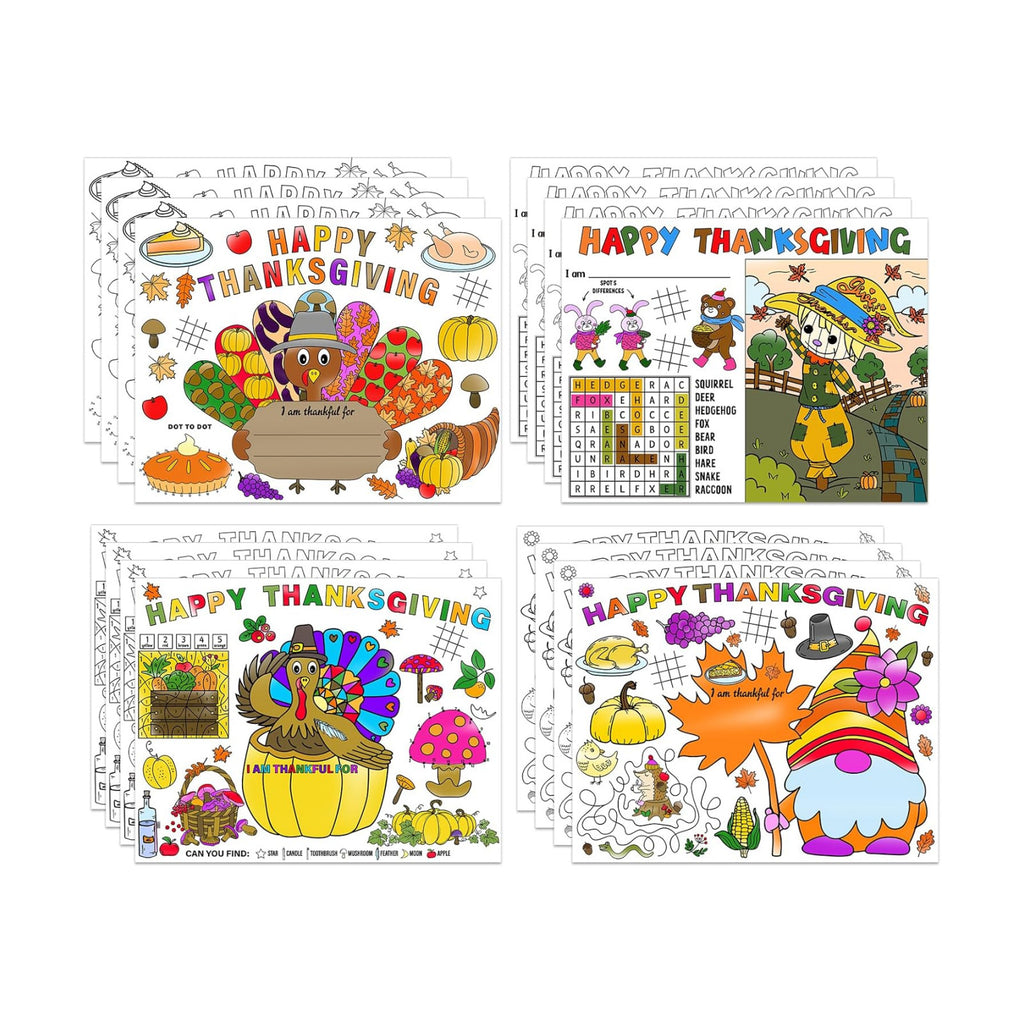 Thanksgiving Coloring Placemats for Family - 16Pack Turkey Paper Table Placemats Happy Thanksgiving Disposable Place Mat Fall Harvest Thanks Giving Activities Arts and Crafts for Party Favor