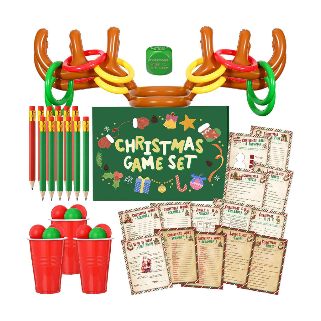 Lunmon 154 Pcs Christmas Games Set Fun Xmas Families Trivia Games Cards Inflatable Reindeer Antler Dice Ring Toss Pencils for Stocking Stuffers Gifts Holiday Birthday Party Activities Favors(Rustic)