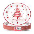 Lonfliness 50PCS Christmas Tree Oval Paper Plates Merry Christmas Red White Paper Plate Decorations Snowflake Gifts Candy Disposable Tableware Large 11inch Decor for Xmas Gathering Dinner Supplies