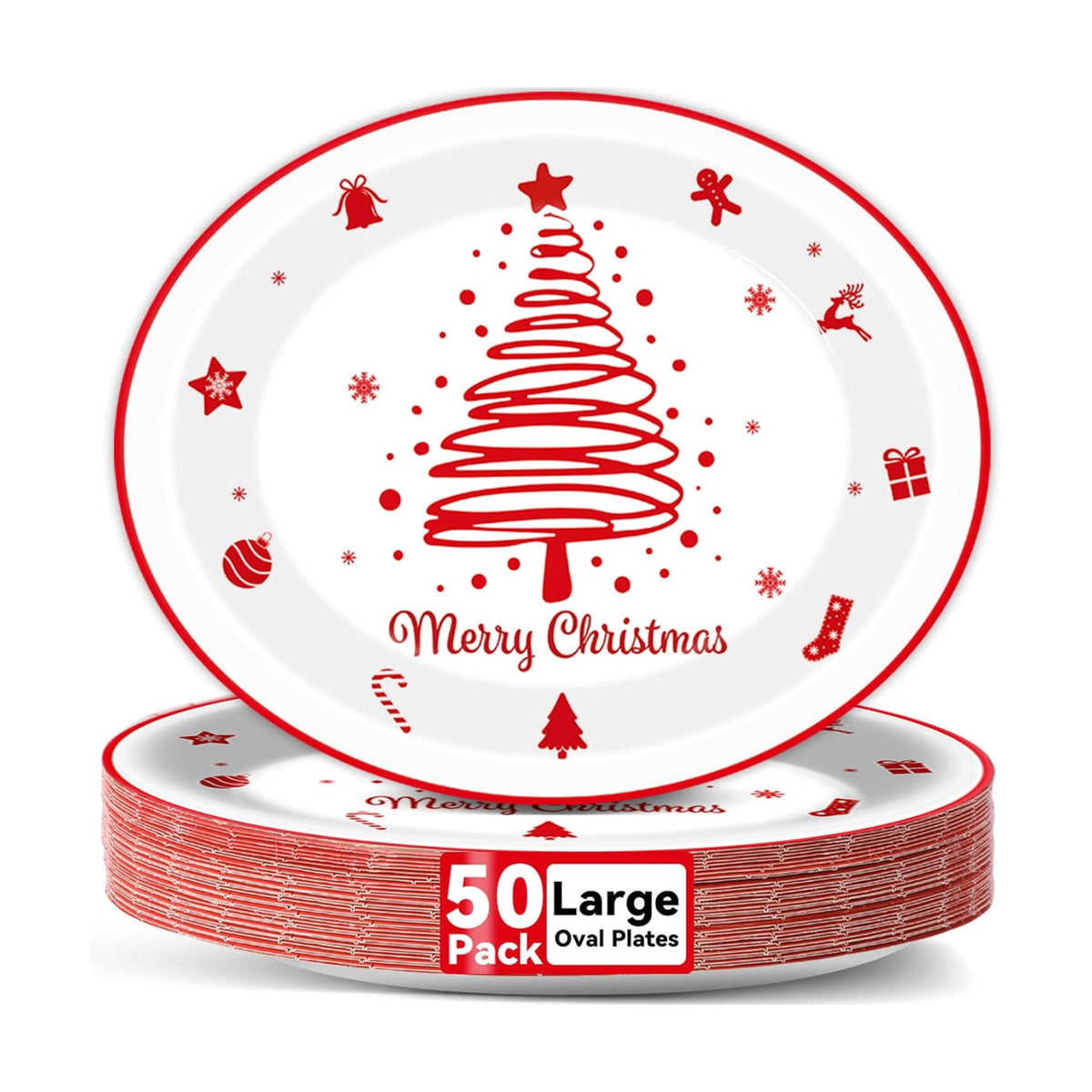 Lonfliness 50PCS Christmas Tree Oval Paper Plates Merry Christmas Red White Paper Plate Decorations Snowflake Gifts Candy Disposable Tableware Large 11inch Decor for Xmas Gathering Dinner Supplies