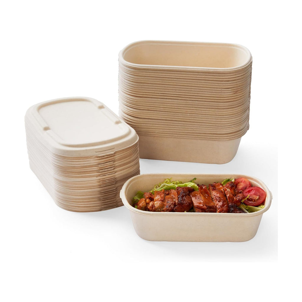 [100% Eco-Friendly] Disposable Food Containers with Lids – Sugarcane Pulp Take Out Boxes, Biodegradable, Compostable, Microwave Safe Lunch Containers – Pack of 50 (24 OZ)