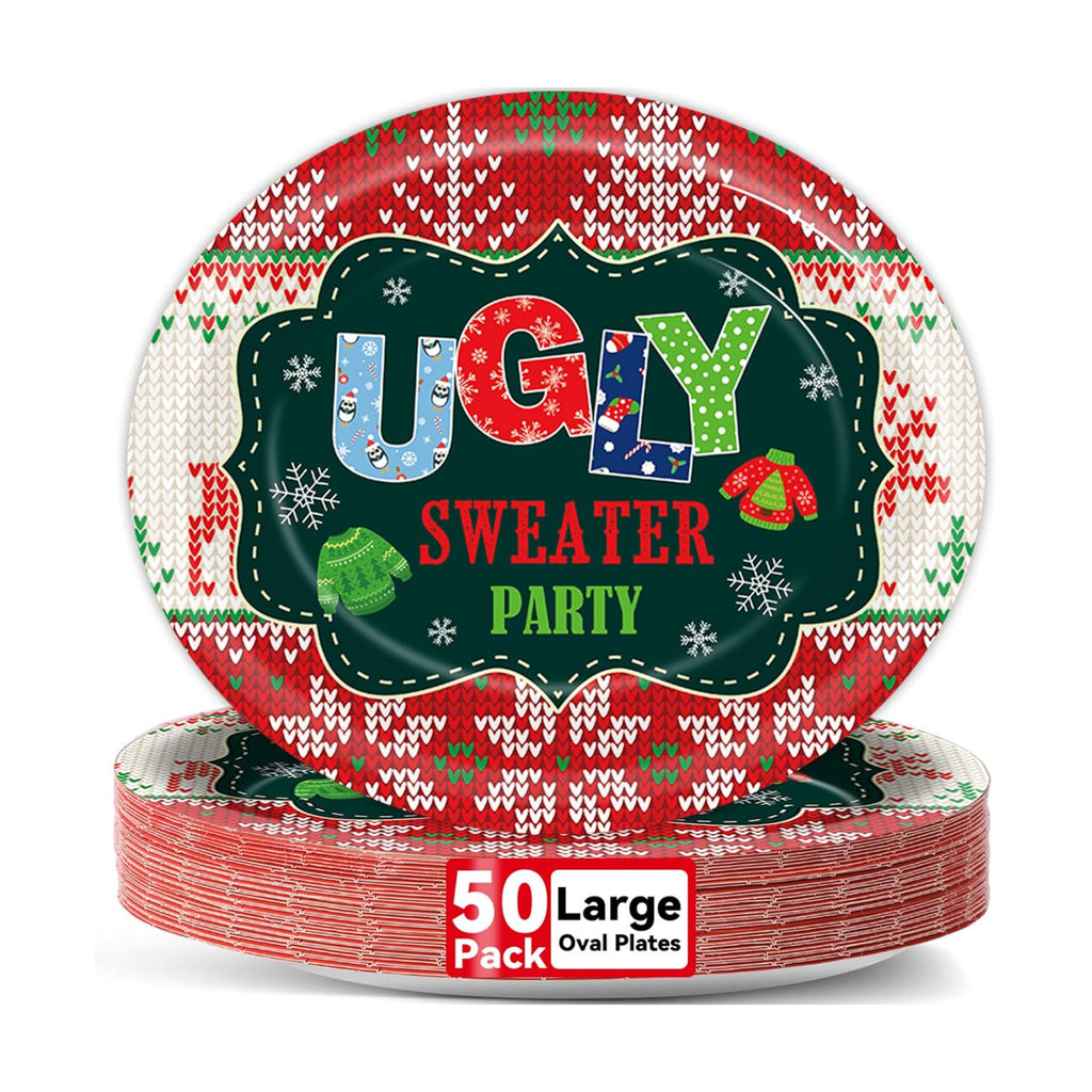 50PCS Christmas Ugly Sweaters Oval Paper Plates Merry Christmas Plates Tableware Decor Large 11inch Disposable Xmas Oval Paper Platter Decor for Xmas Holiday Party Winter Home Dinner Supplies