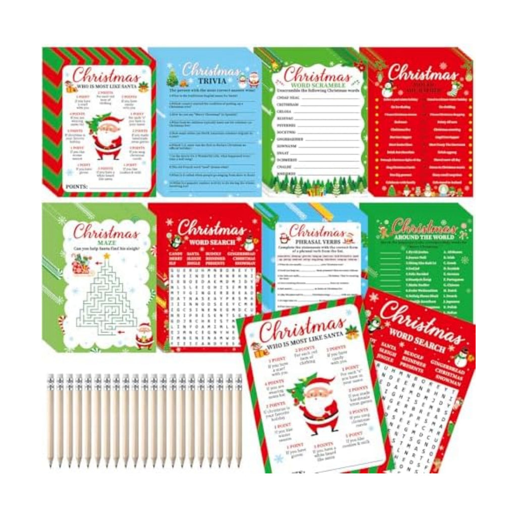 gisgfim 231Pcs Christmas Party Games Cards Xmas Tree Santa Claus Trivia Word Search Scramble Maze Games Winter Christmas Party Supplies for School Classroom Family Activity Holiday Favor