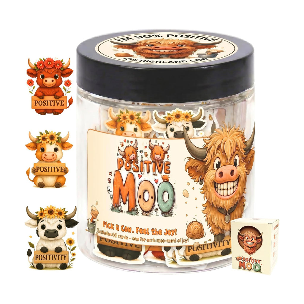 Positive Highland Cow Jar with 60 Affirmation Cards, Emotional Support Highland Cow Gifts, Stress Relief Gifts For Women, Teens, Men, Christmas Moo Highland Cow Decorations