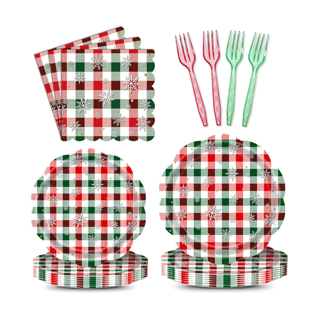 96 Pieces Christmas Plaid Tableware Set – Red and Green Checkered Disposable Plates, Napkins, and Forks with Snowflake Design for Holiday Parties, Winter Birthdays, and Seasonal Events
