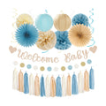Light-Dusty Blue Beige-Champagne Baby-Shower Party-Decorations - 31pcs Welcome Home Banner Sign,Boy Paper Lanterns,Neutral Streamers Garland,Boho Tissue Pom Poms Flowers Fans Backdrop Decor Burgleda