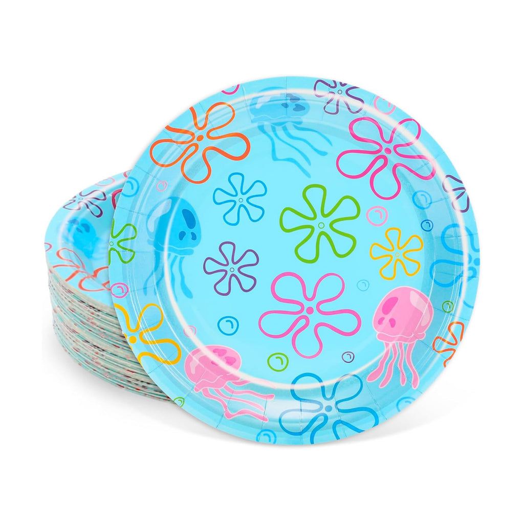 Whaline 40 Pcs Cartoon Sponge Paper Plates Flower Bubble Jellyfish Disposable Plates 9 Inch Under The Sea Party Tableware for Ocean Birthday Baby Shower Table Decor Supplies