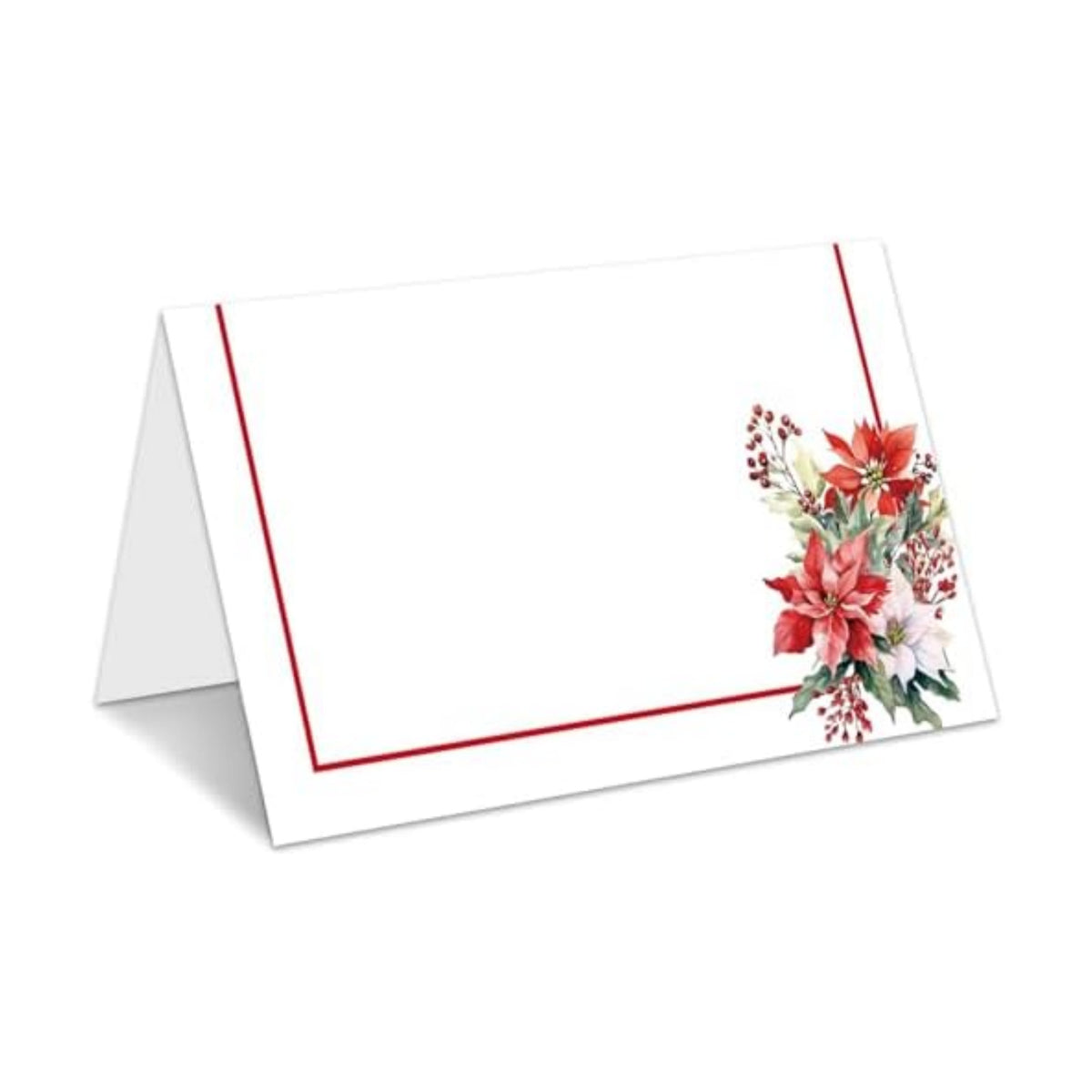 Christmas Place Cards for Table Setting, Poinsettia Tent Cards Decor For Bridal Baby Shower Party Reception Decorations, Winter Holiday Placecards, 25 Pack Birthday Food Name Card, 2 x 3.5" /015