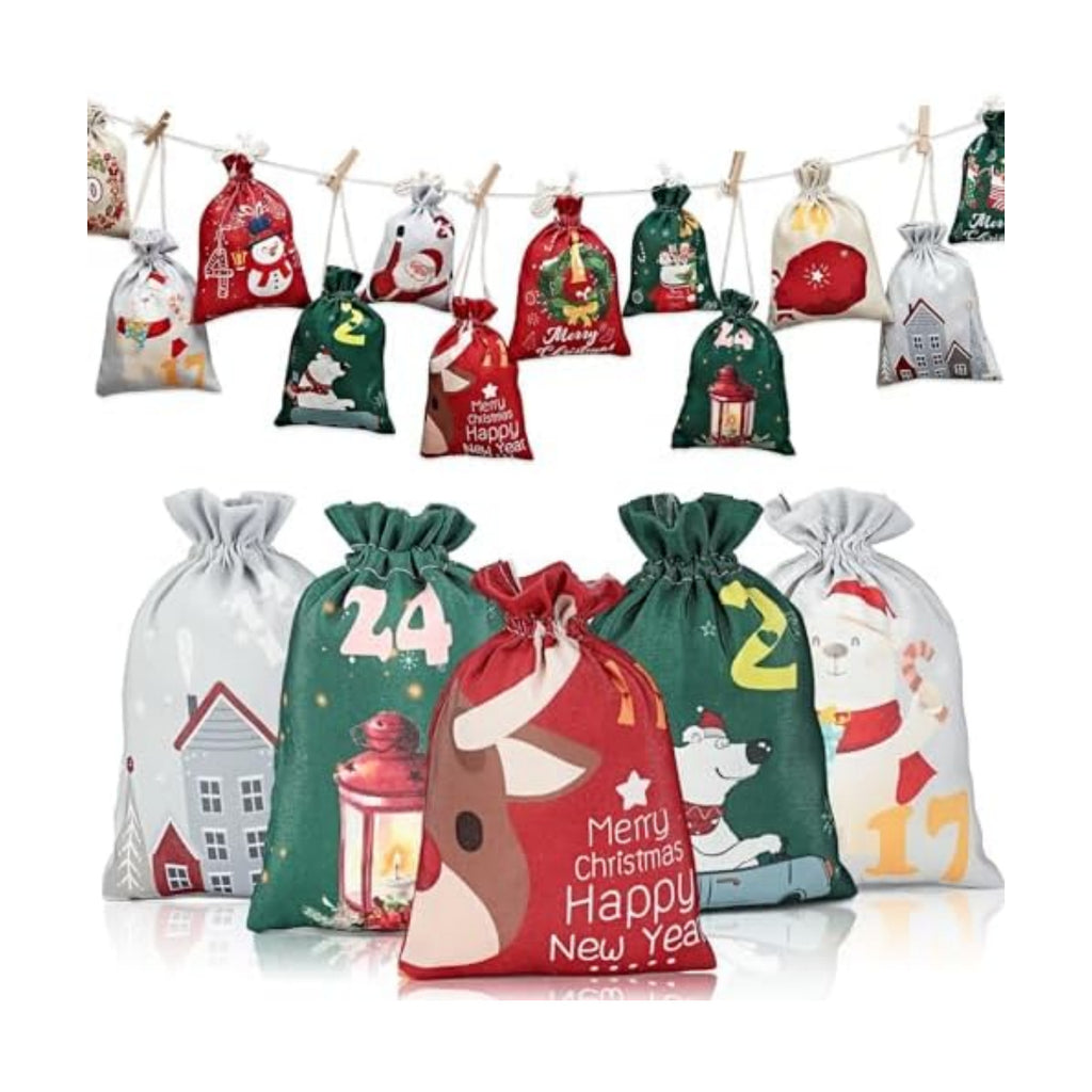 24 Pieces Christmas Burlap Gift Bags with Drawstrings Xmas goodie Bags Bulk for Winter Holiday Party Favor (Christmas Burlap Treat Bags 2025)