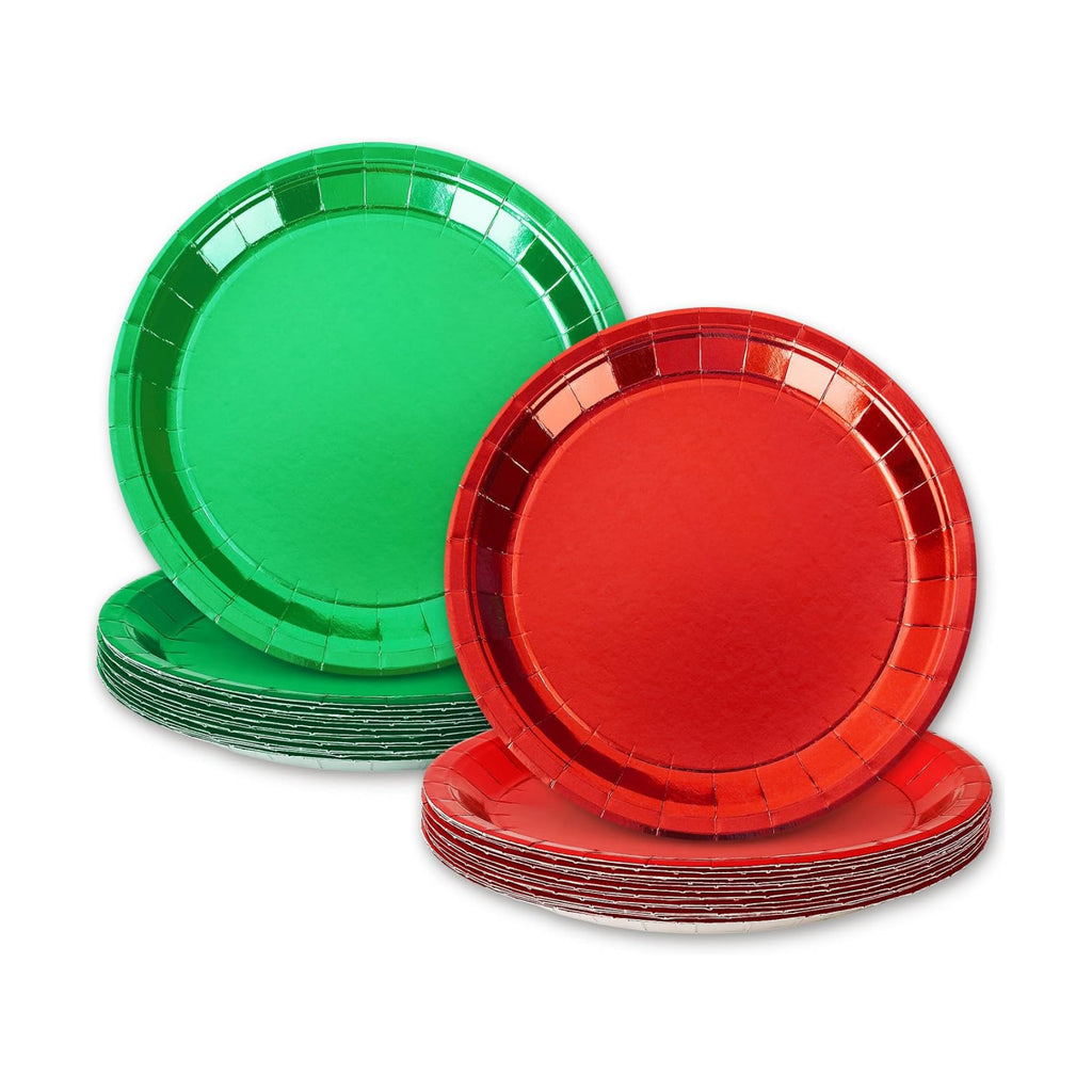 Whaline Christmas Dessert Plate Foil Red Green Disposable Paper Plate Metallic Dinnerware Plates 9 Inch for Xmas Winter Party Supplies Table Decor, 40 Pcs