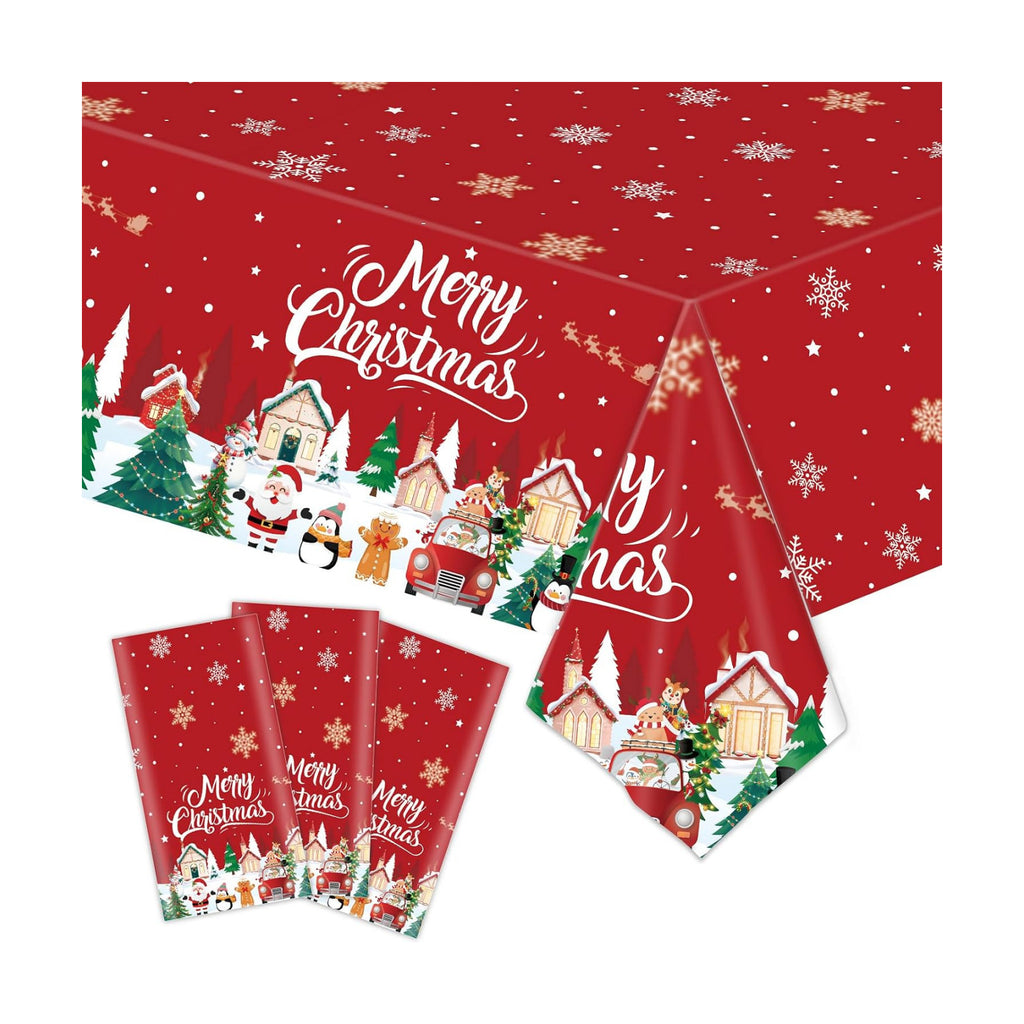 BokingOne 3 Pack Santa Claus Tablecloth 54x108 Inch - Red Christmas Disposable Plastic Table Cover with Reindeer, Snow House & Merry Christmas Print for Xmas Party Decor, Gift Wrapping Station