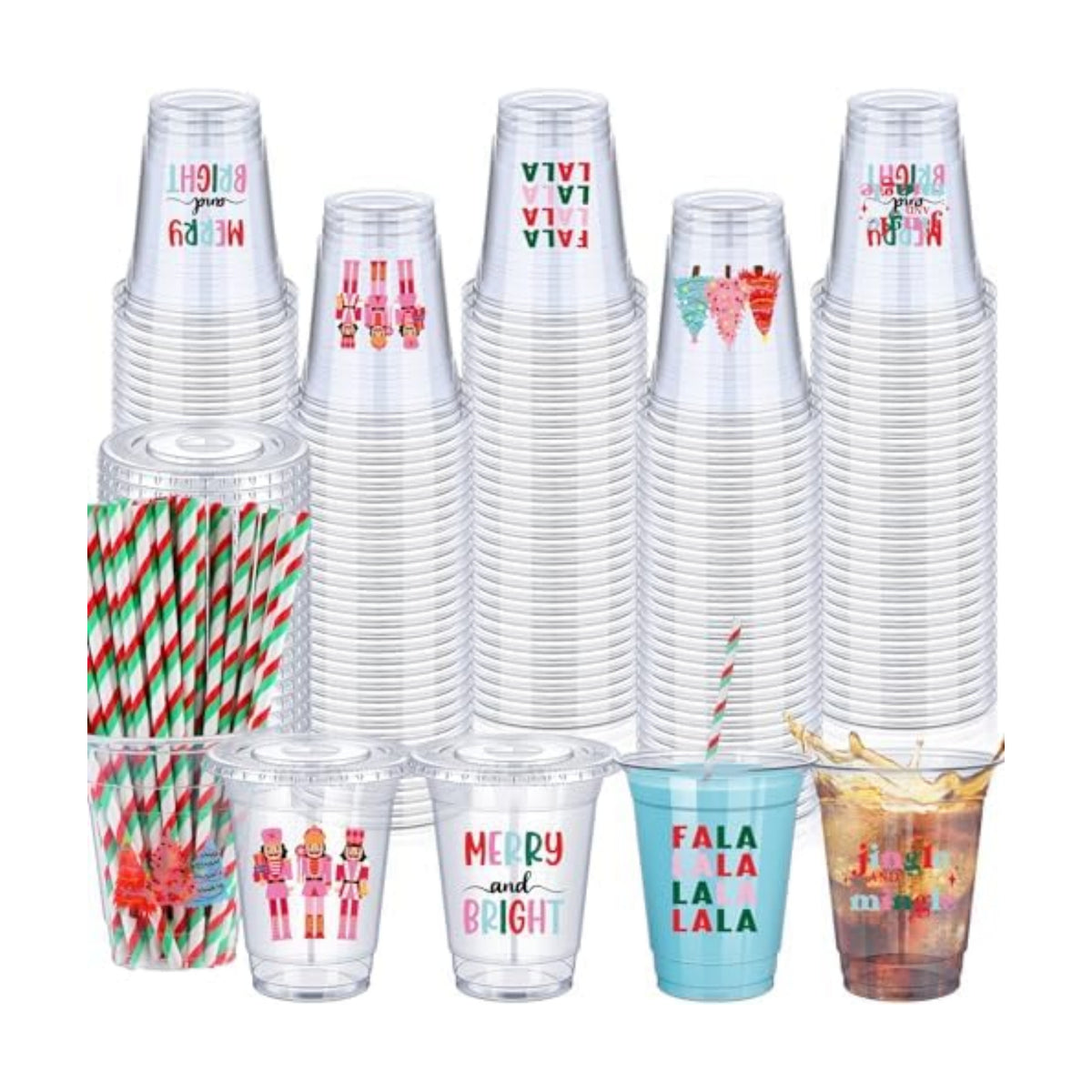 Jingmore 50 Sets Christmas Disposable Plastic Cups with Lids and Straws