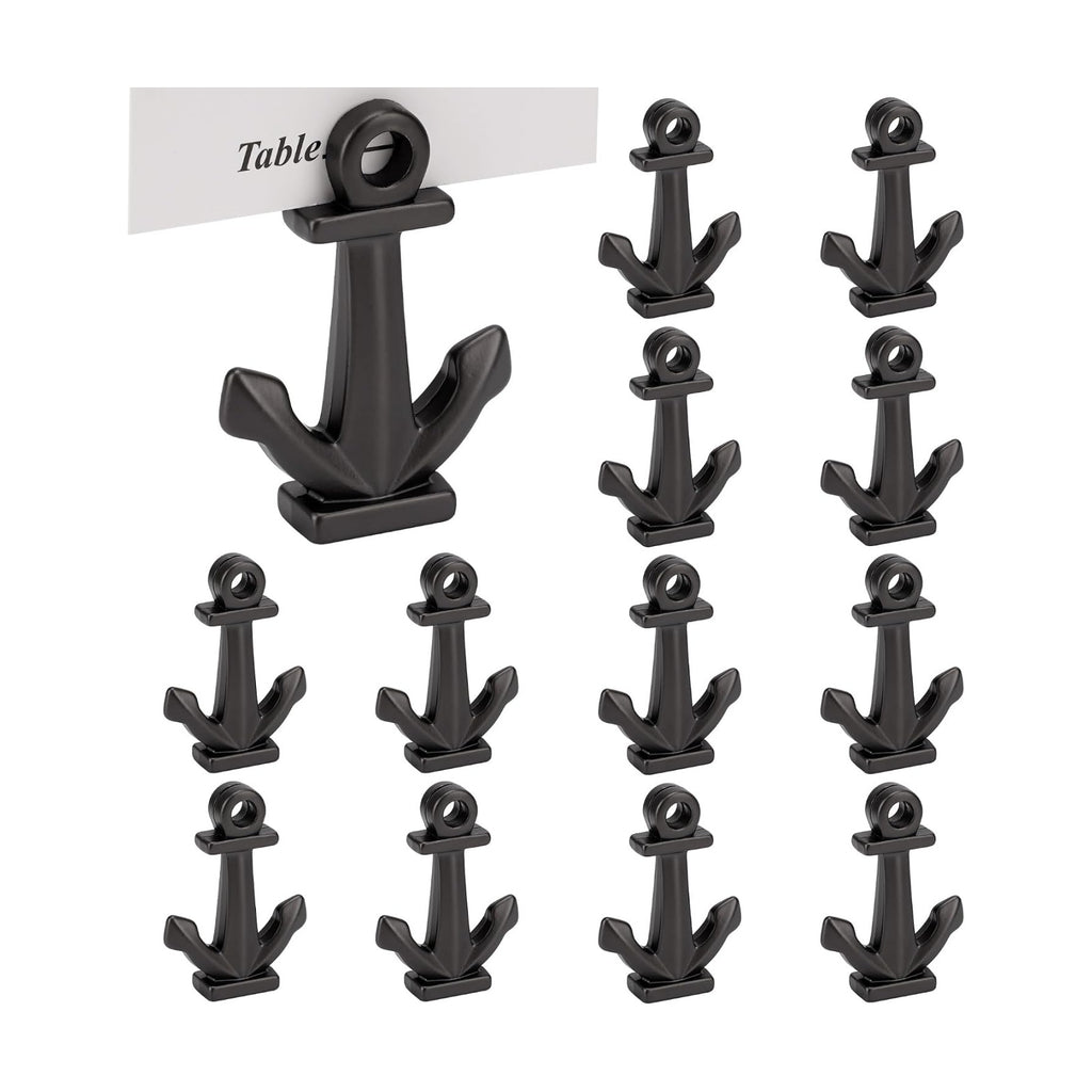 Nautical Anchor Place Card Holders, Set of 12, Metal Table Number Name Card Stands for Beach Wedding, Coastal Party, Reception, Dinner Table Decor, (Matte Black)