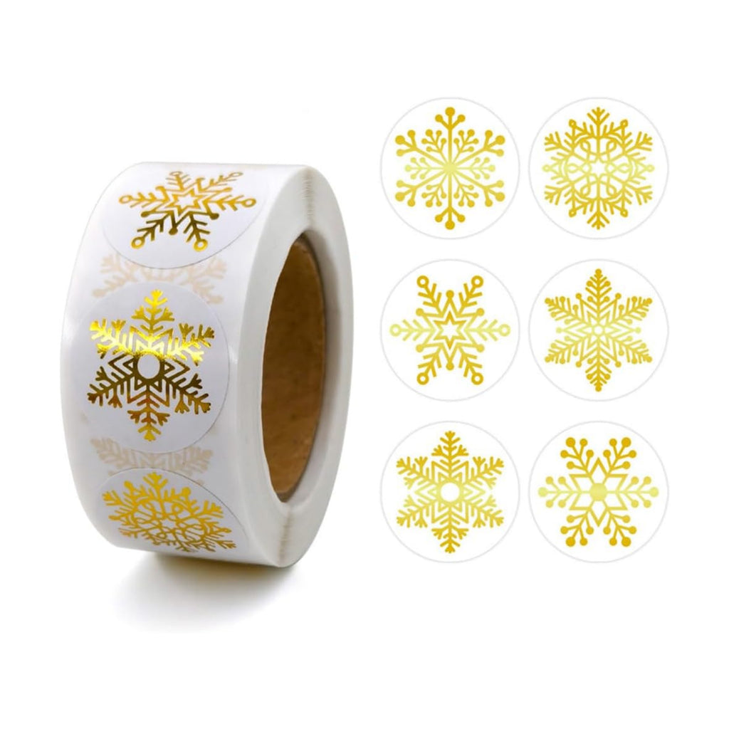 500Pcs Christmas Stickers Roll for Cards 6 Designs Gold Foil Snowflake Stickers Clear Xmas Winter Holiday Round Adhesive Label Stickers Decal for Xmas Envelopes Invitations Cards Gifts Decor