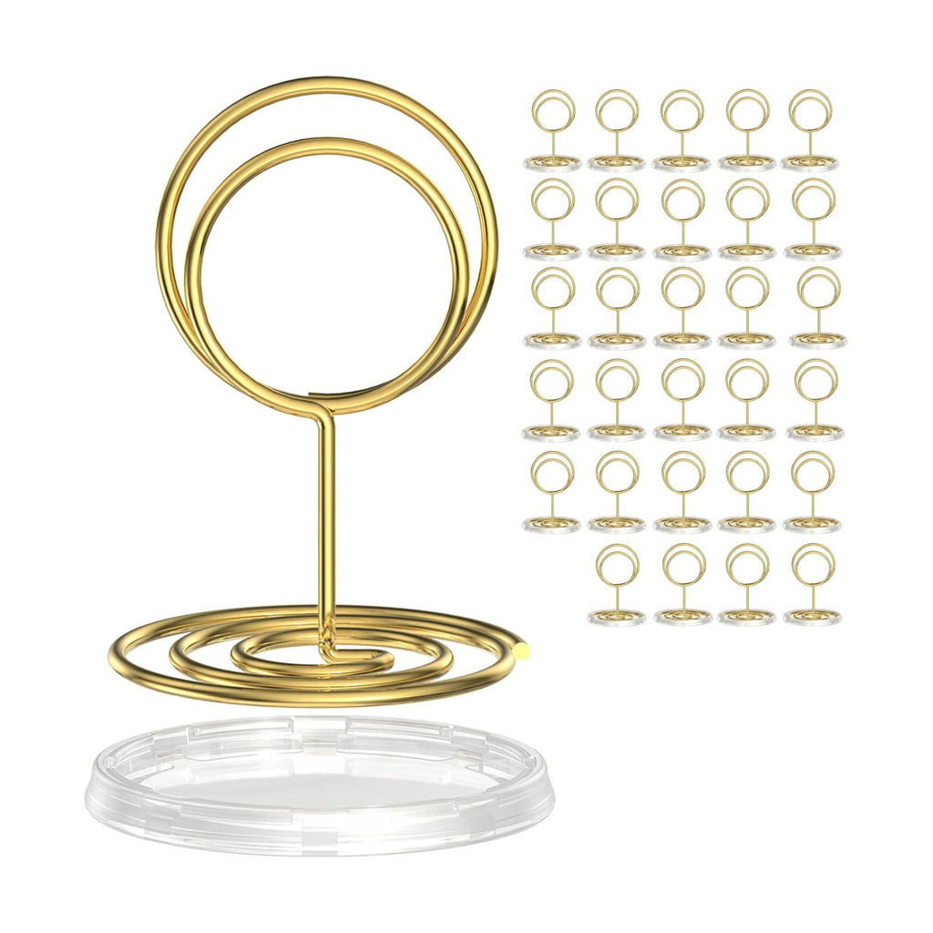 30 Pack Gold Table Number Holders with Clear Stable Base – Metal Place Card Holders for Table, Photo Picture Stands Card Holders for Wedding Party Banquet Restaurant Events (Gold)