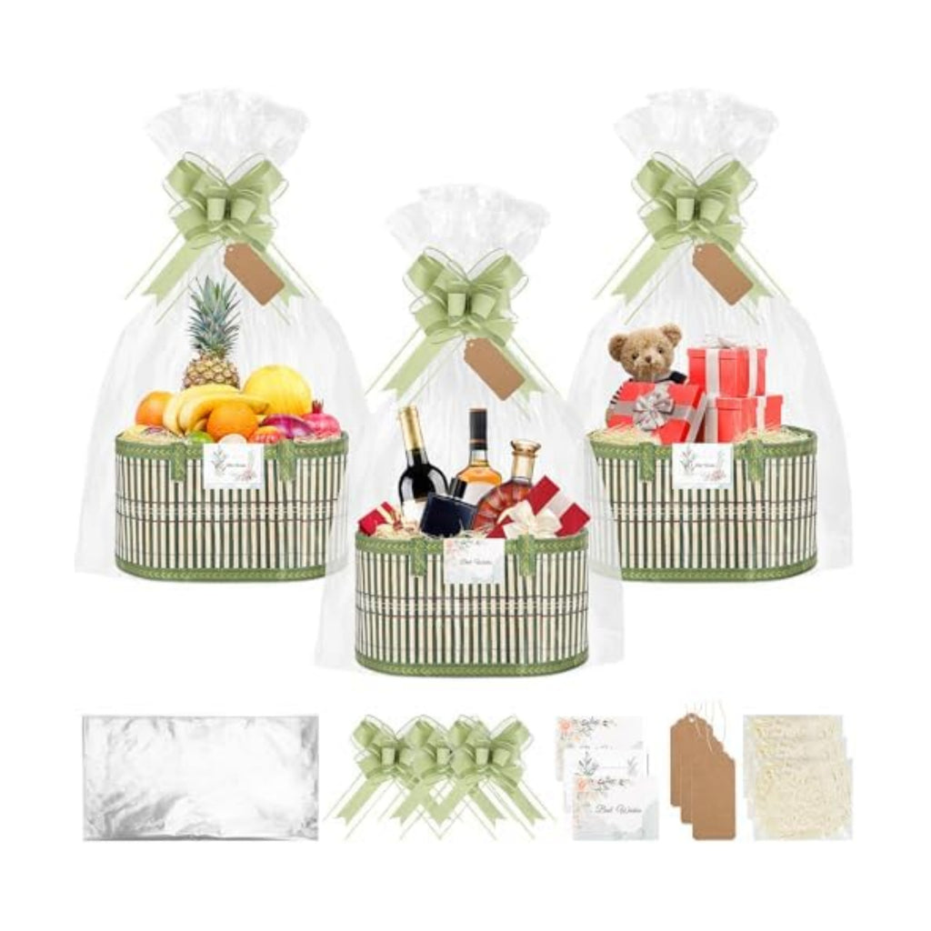 SelfTek 3 Pack Baskets for Gifts Empty, Woven Bamboo G-ift Basket Kit with Wrap Bags, Gift Card, Raffia and Pull Bows, Gifts Baskets for Birthday, Wedding, 30 x 20 x 15 cm - Green