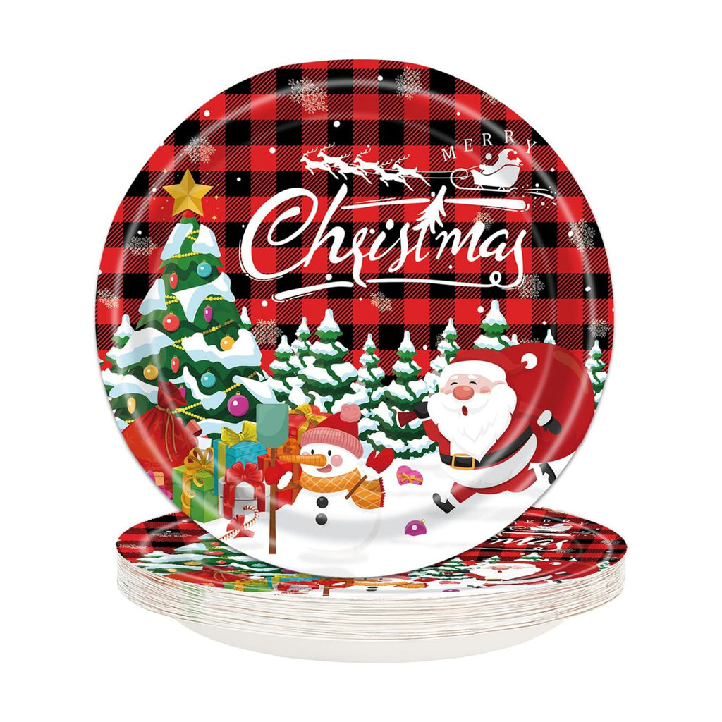 50 Count Red Christmas Paper Plates 9 Inch Xmas Dinner Plates Disposable Round Holiday Appetizer Plaid Plates for Santa Cake Snack Cocktail Birthday Merry Christmas Party Supplies Tableware