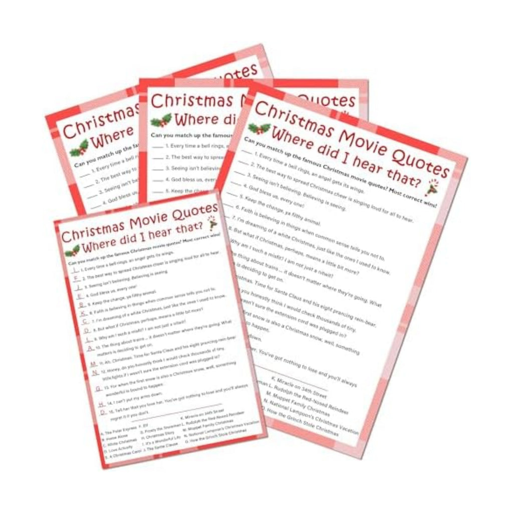 Christmas Movie Quotes Game Card - 20 Game Cards With 1 Answer Card -Film Theme Xmas Party Funny Activity for Family, Adults & Teens - Holiday Christmas Party Supplies & Decoration(Red Plaid)-A01