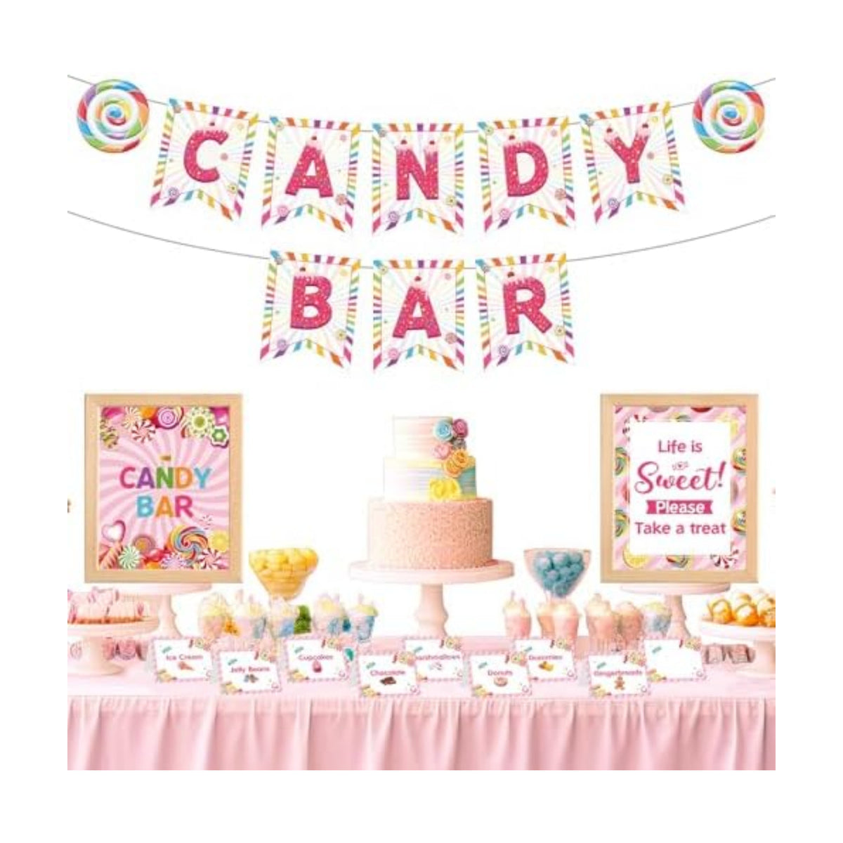 Outus 32 Pcs Candy Bar Decorations Kit with Banner Table Signs Food Labels