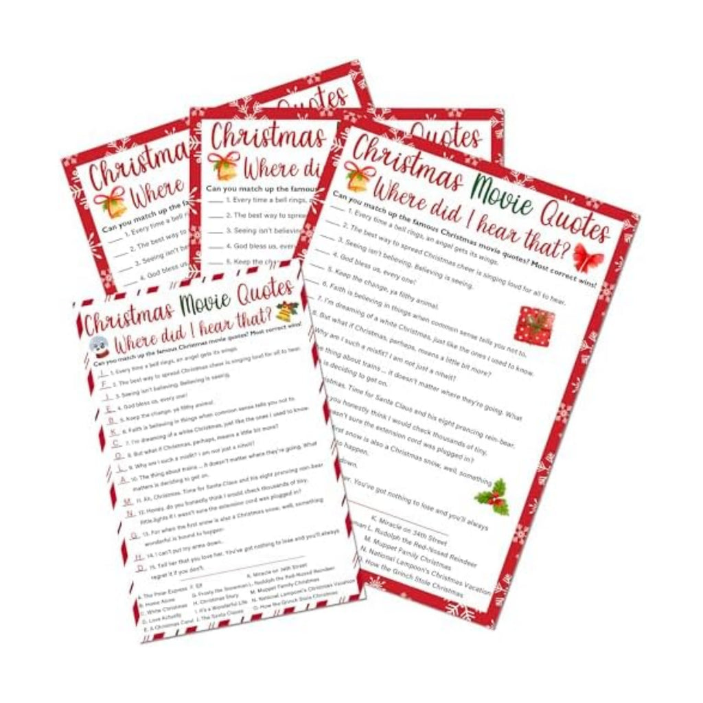 Christmas Movie Quotes Game Card - 20 Game Cards With 1 Answer Card - Xmas Film Party Funny Activity for Family, Adults & Teens - Holiday Christmas Party Supplies & Decor(Red & White Stripe)-A02