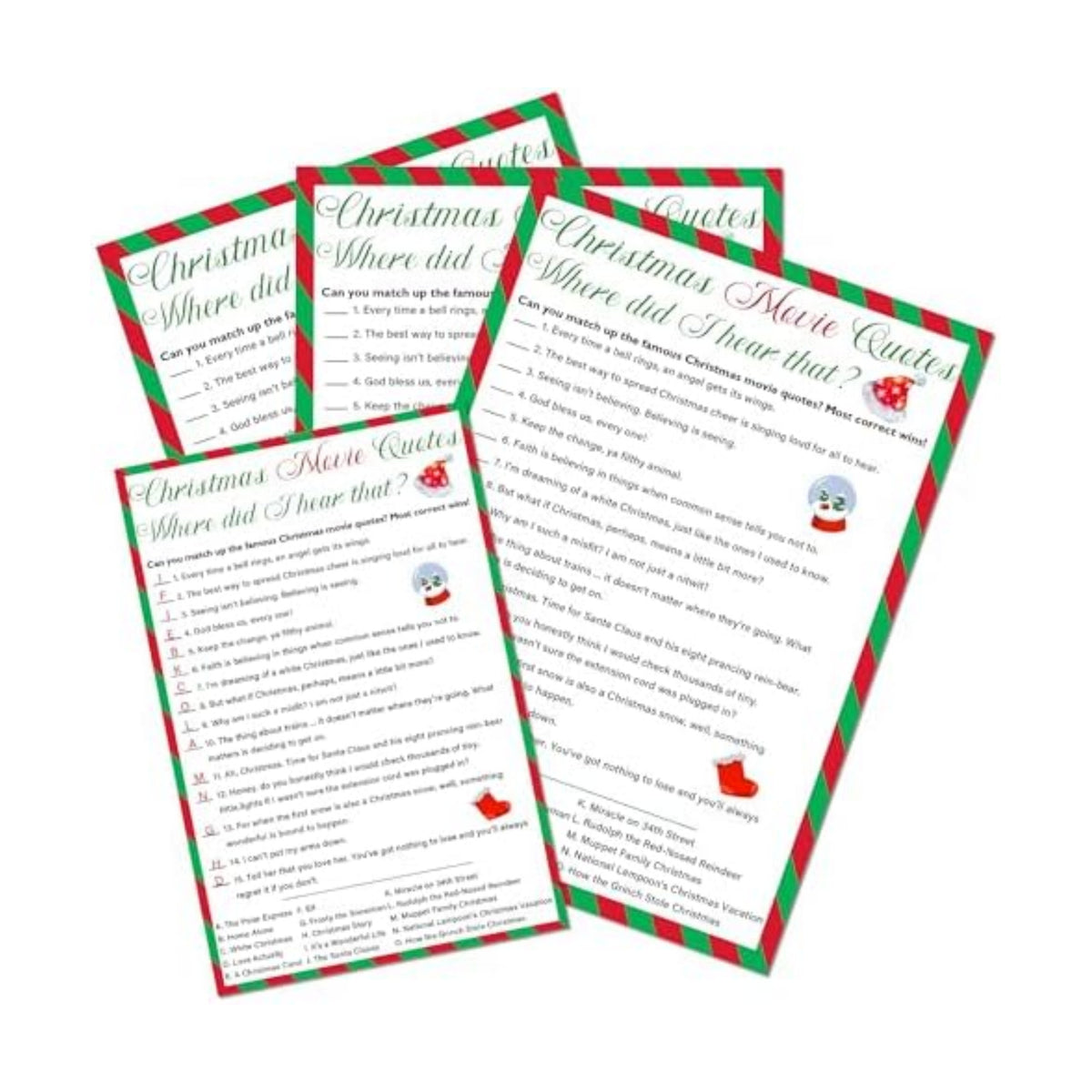 Christmas Movie Quotes Game Card - 20 Holiday Game Cards With 1 Answer Card - Xmas Film Party Funny Activity for Family, Adults & Teens - Christmas Party Supplies & Decor (Red & Green Stripe) - A04