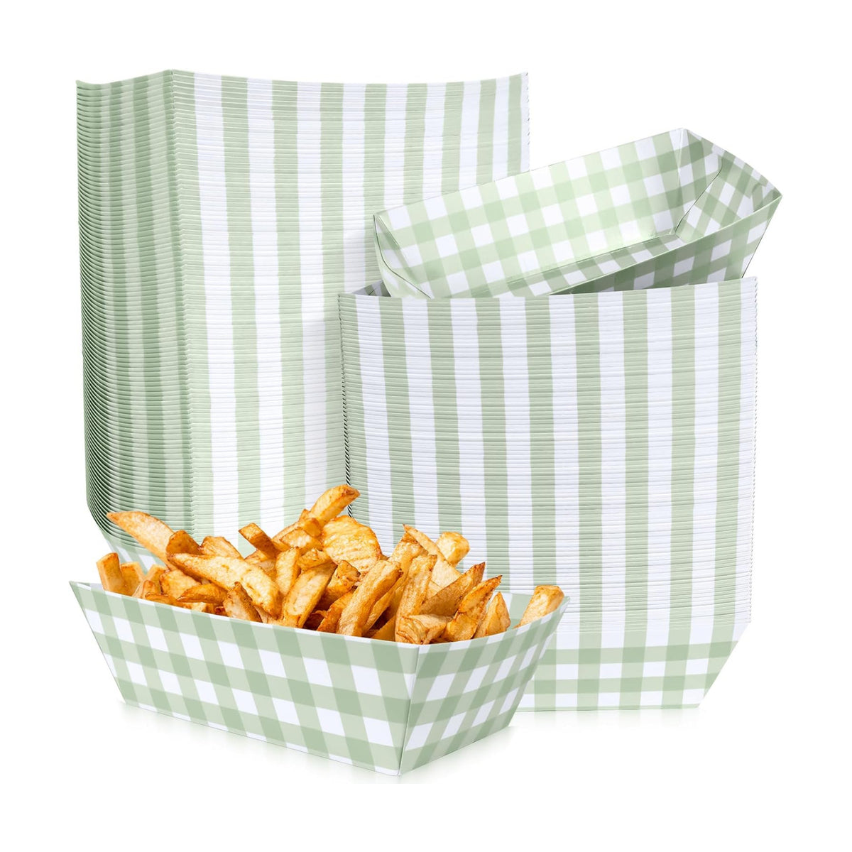 100 Pcs Sage Gingham Paper Food Trays, Pre-Folded Light Green Checkered Disposable Food Boats for Hot Dogs, Fries, Nachos, Snacks, Carnival, Picnic, Baby Shower, Rustic Wedding, BBQ Party Supplies