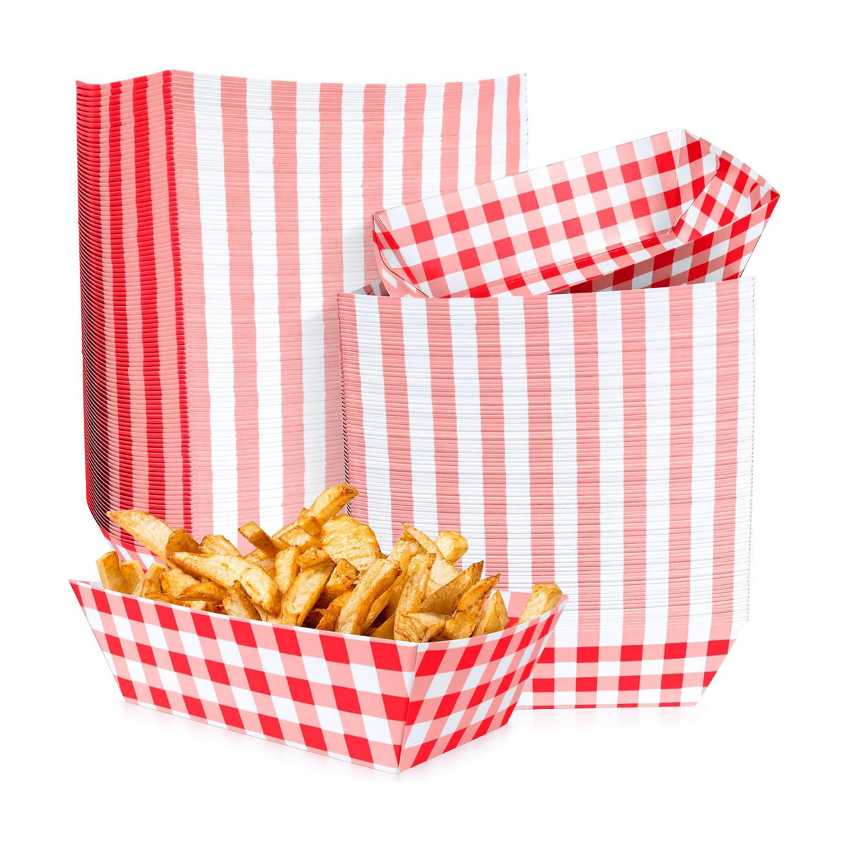 100 Pcs Red Gingham Paper Food Trays, Pre-Folded Red Checkered Disposable Food Boats for Hot Dogs, Fries, Nachos, Snacks, Carnival, Picnic, Baby Shower, Rustic Wedding, BBQ Party Supplies