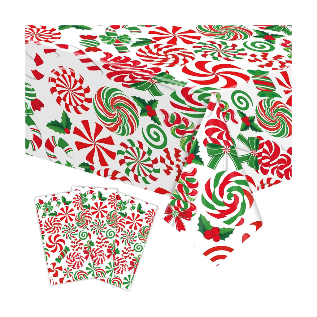 3-Piece 54 x 108 Inch Christmas Peppermint Plastic Tablecloth – Red and Green Disposable Rectangle Table Covers with Candy Cane and Lollipop Design for Holiday Christmas Winter Celebrations