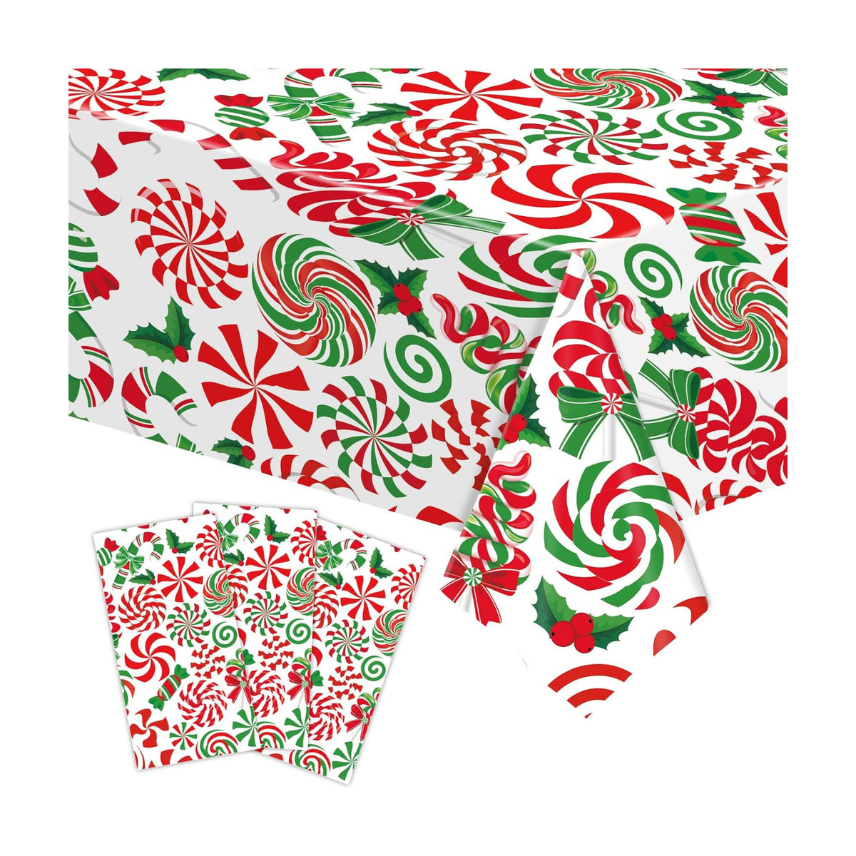 3-Piece 54 x 108 Inch Christmas Peppermint Plastic Tablecloth – Red and Green Disposable Rectangle Table Covers with Candy Cane and Lollipop Design for Holiday Christmas Winter Celebrations
