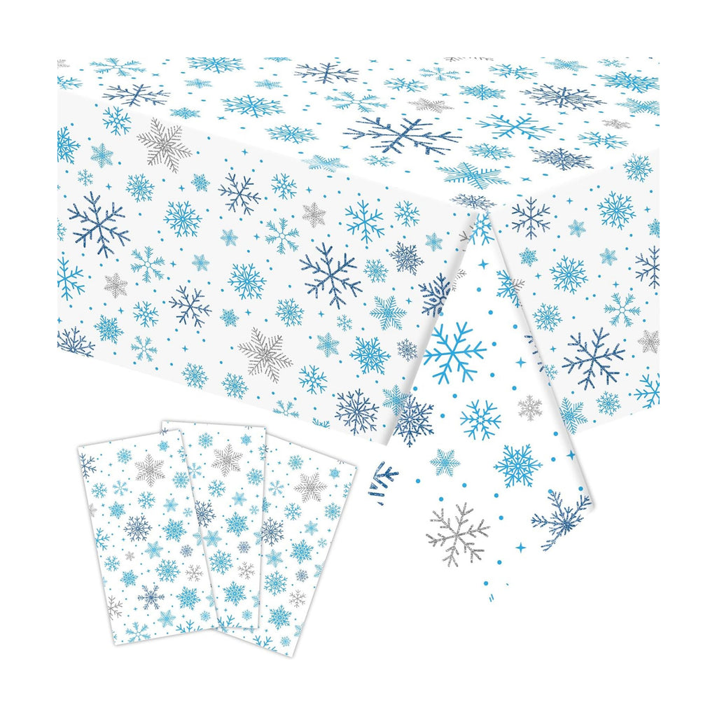 3-Piece 54 x 108 Inch Christmas Snowflake Plastic Tablecloth – Blue and White Disposable Rectangle Table Covers with Snowflake Design for Holiday Parties, Christmas Dinners, and Winter Celebrations