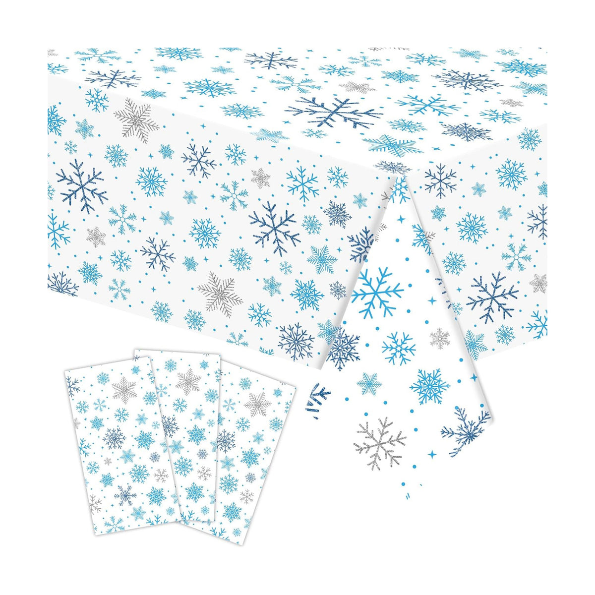 3-Piece 54 x 108 Inch Christmas Snowflake Plastic Tablecloth – Blue and White Disposable Rectangle Table Covers with Snowflake Design for Holiday Parties, Christmas Dinners, and Winter Celebrations