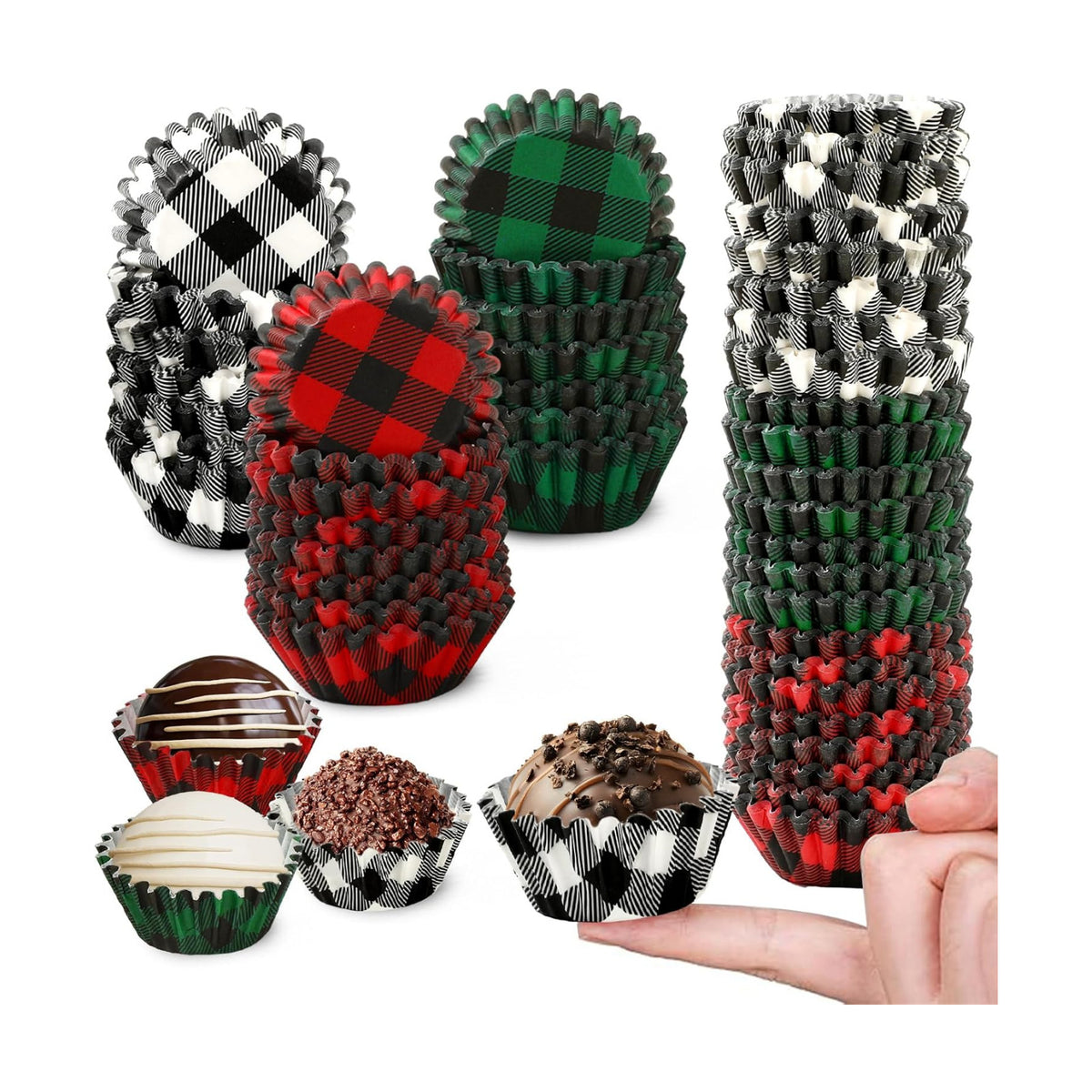 Whaline 600Pcs Christmas Cupcake Wrappers 3 Colors Buffalo Plaid Cupcake Liners Disposable Cake Holders Paper Muffin Cups for Baking Home Kitchen Holiday Party Supplies