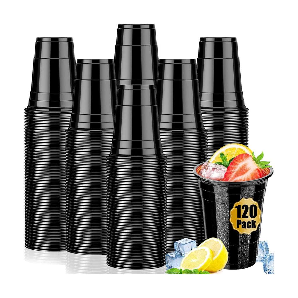 120 Pack 16 oz Black Cups, Heavy Duty Black Plastic Cups for Party, Cold Drinks, BBQ, Black Disposable Cups for Christmas, Halloween, Wedding, Birthday, Picnic, Serving and Celebrations