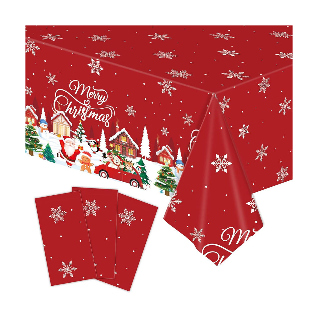 3-Piece 54 x 108 Inch Christmas Plastic Tablecloth – Red Disposable Table Covers with Merry Christmas Lettering, Snowy Houses, Santa, Snowmen, and Xmas Trees for Holiday Winter Parties