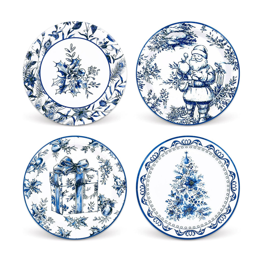 Whaline 40 Pcs Christmas Paper Plates 4 Designs Chinoiserie Blue and White Porcelain Xmas Tree Santa Claus Disposable Plates Tableware for Winter Party Tableware Supplies, 9 In