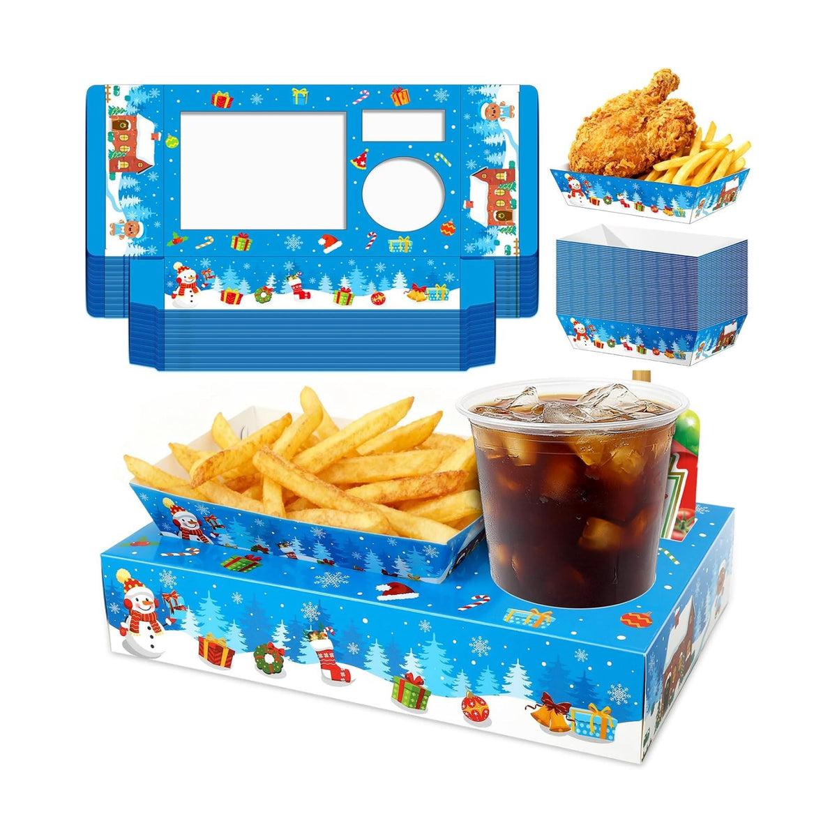 Jansun 36Pcs Christmas Movie Night Snack Trays Blue Candy Popcorn French Fries Snack Trays Christmas Movie Boxes for Snacks Tray Xmas Party Supplies