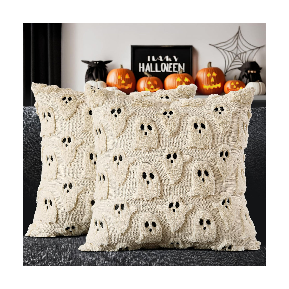 MIULEE Beige Halloween Pillow Covers Cute Ghost Decor Set of 2 18x18