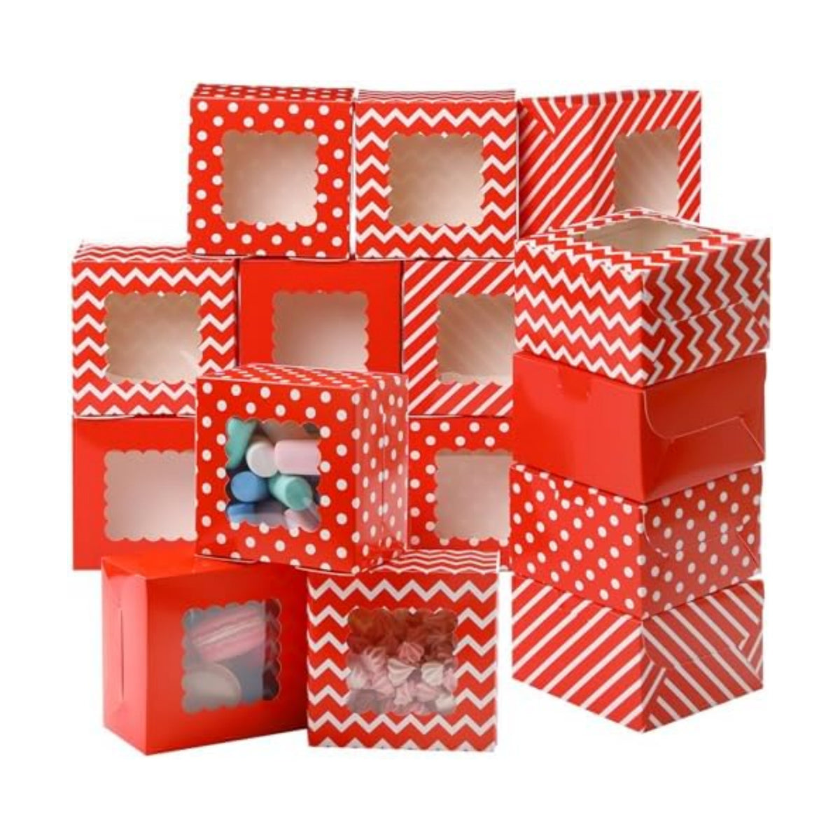 24 Pcs Christmas Bakery Boxes with Window, Red White 4x4x2.5 In