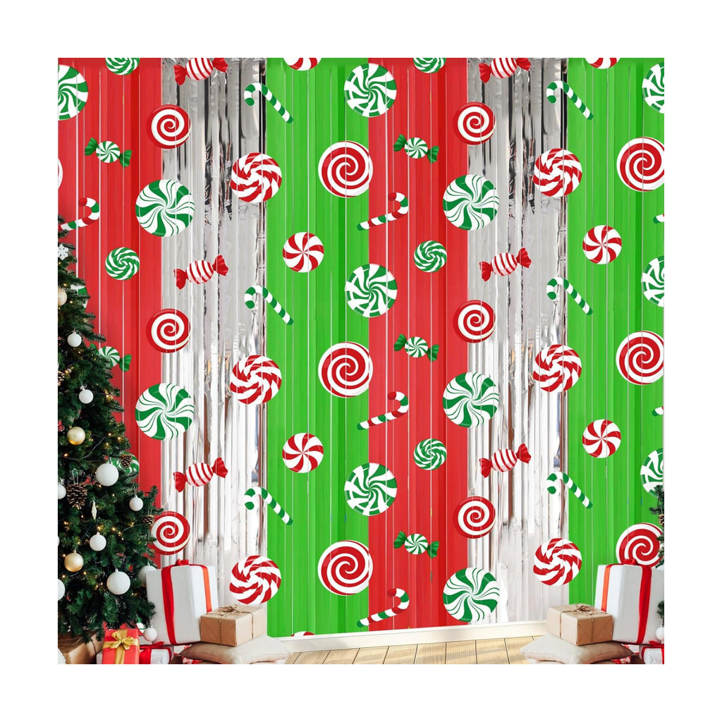 Blosssound 2 Packs Christmas Candy Foil Fringe Curtains 3.3x6.6ft Xmas