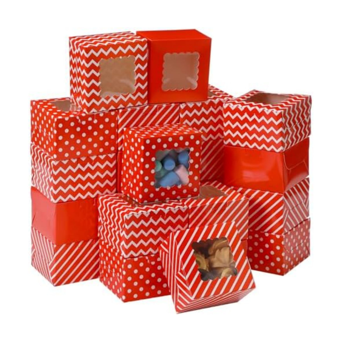 48 Pcs Christmas Bakery Boxes with Window, Red White 4x4x2.5 In