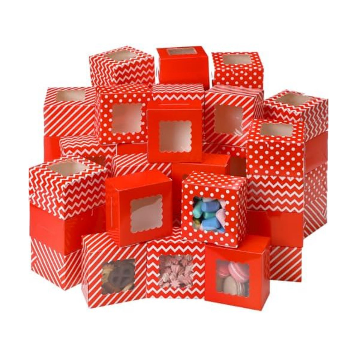 48 Pcs Christmas Bakery Boxes with Window, White Red 4x4x2.5 In