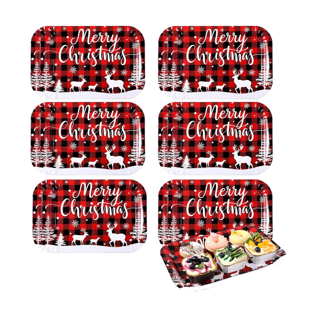 Maitys 12 Pcs Merry Christmas Serving Trays 13 x 9 Inch Large Food Trays buffalo plaid Dessert Cupcake Platters for Christmas Winter Holiday Birthday Party Supplies Table Decorations