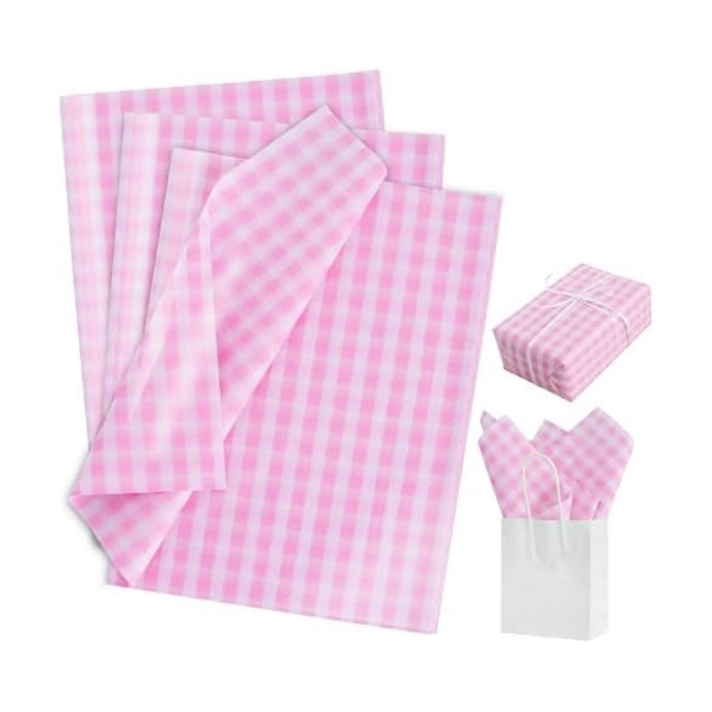 BEISHIDA Gingham Tissue Paper Bulk，Pink and White Checkered Wrapping Tissue Paper for Gift Bags, 14 x 20 Inch Gift Wrap for Valentines Birthday Easter DIY Crafts Decor Holiday Flowers-50 Sheets