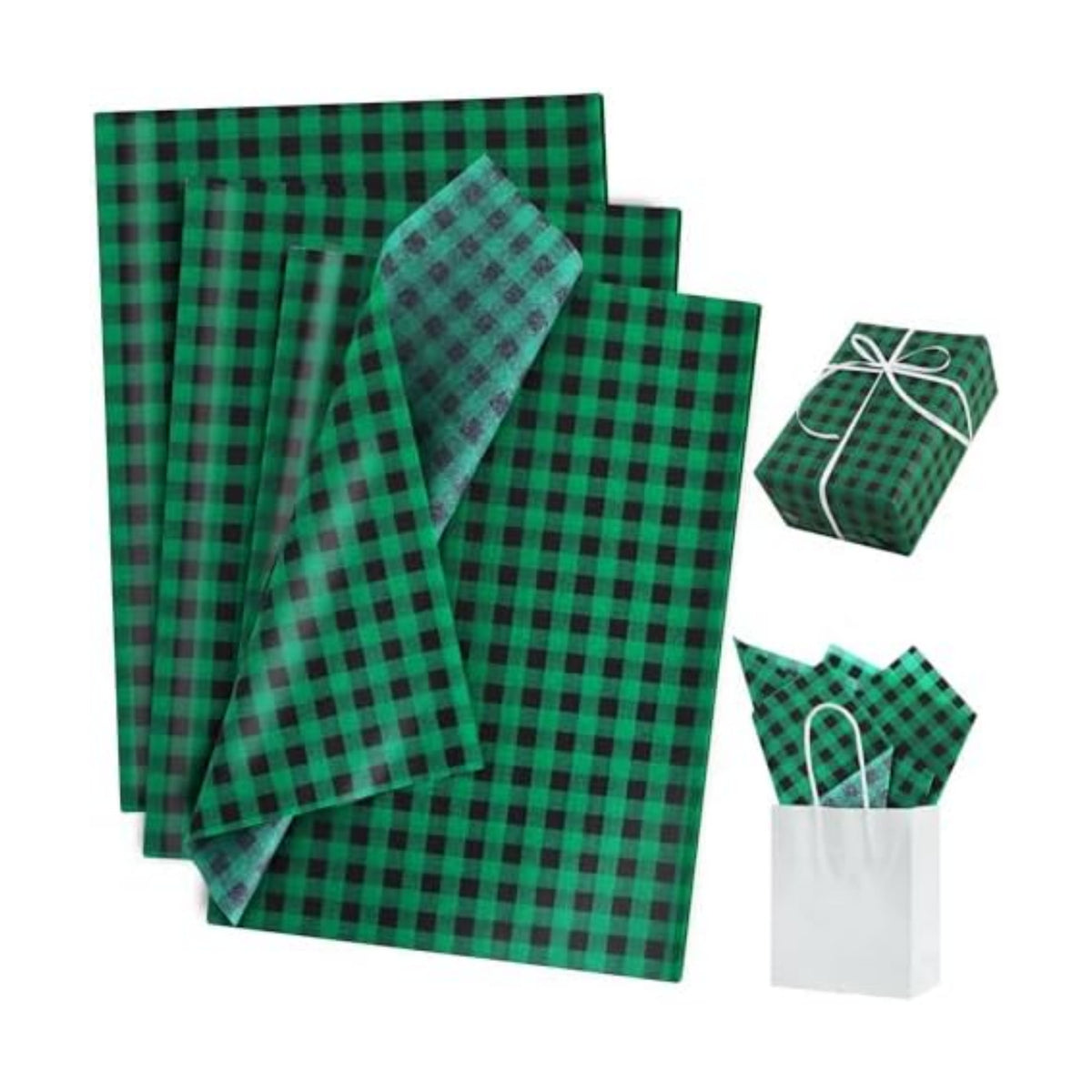 BEISHIDA Christmas Gingham Tissue Paper Bulk, Black and Green Buffalo Plaid Wrapping Tissue Paper for Gift Bags, 14 x 20 Inch Gift Wrap for Christmas Party DIY Crafts Decor Holiday Flowers-50pcs